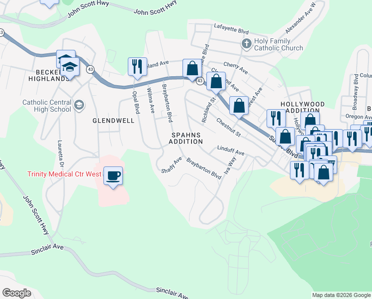 map of restaurants, bars, coffee shops, grocery stores, and more near 310 Braybarton Boulevard in Steubenville