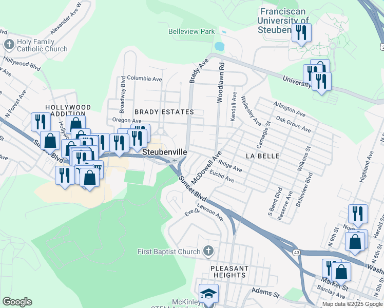 map of restaurants, bars, coffee shops, grocery stores, and more near 1616 Ridge Avenue in Steubenville