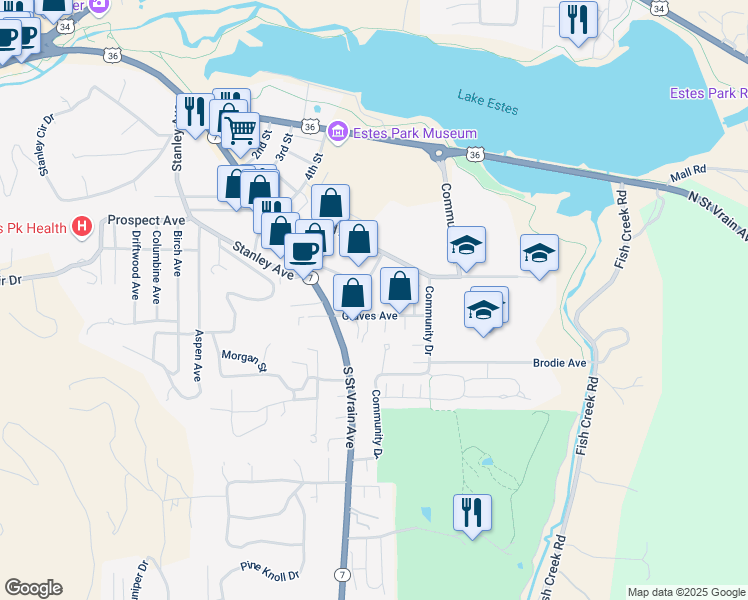map of restaurants, bars, coffee shops, grocery stores, and more near 1221 Graves Avenue in Estes Park