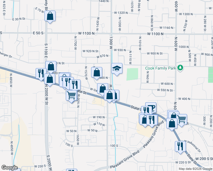 map of restaurants, bars, coffee shops, grocery stores, and more near 1343 West 540 North in Pleasant Grove
