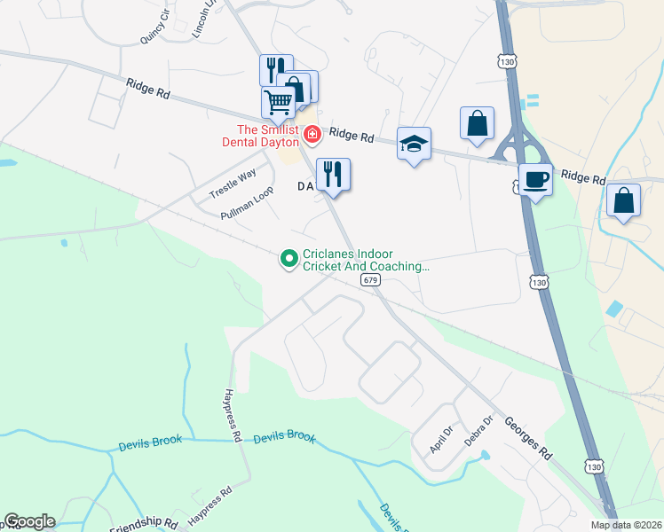 map of restaurants, bars, coffee shops, grocery stores, and more near 3 L'Amour Court in South Brunswick Township