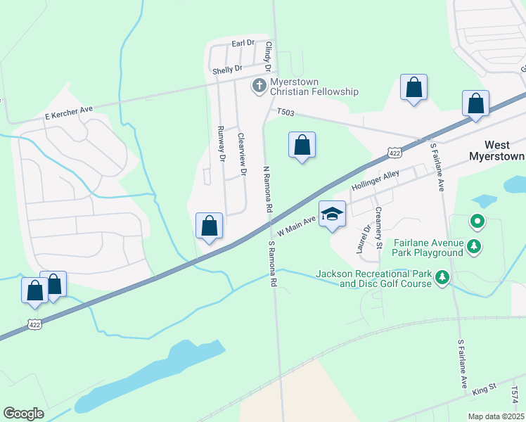 map of restaurants, bars, coffee shops, grocery stores, and more near 9 North Ramona Road in Myerstown