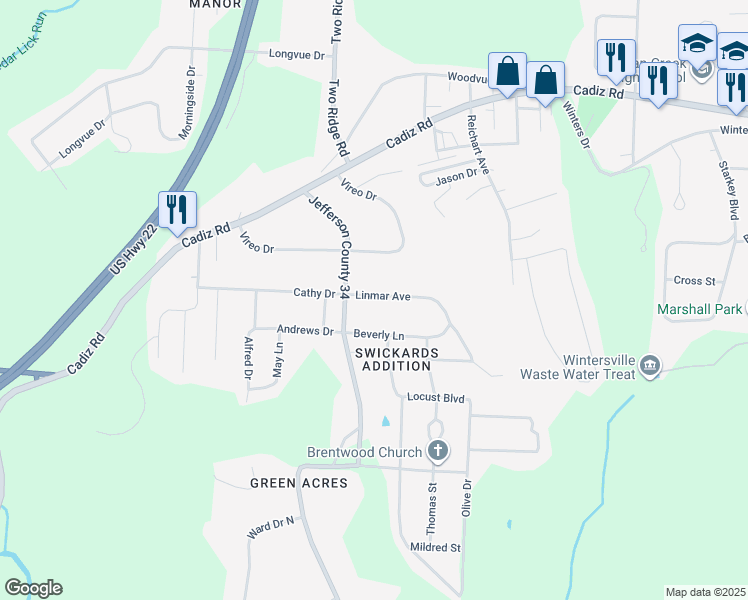 map of restaurants, bars, coffee shops, grocery stores, and more near 300 Bantam Ridge Road in Wintersville