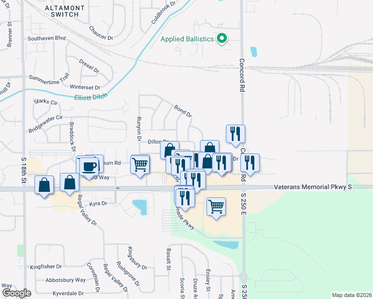 map of restaurants, bars, coffee shops, grocery stores, and more near 90 South Rickover Circle in Lafayette