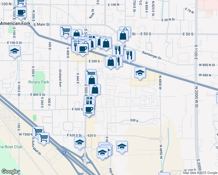 map of restaurants, bars, coffee shops, grocery stores, and more near 361 South 610 East in American Fork