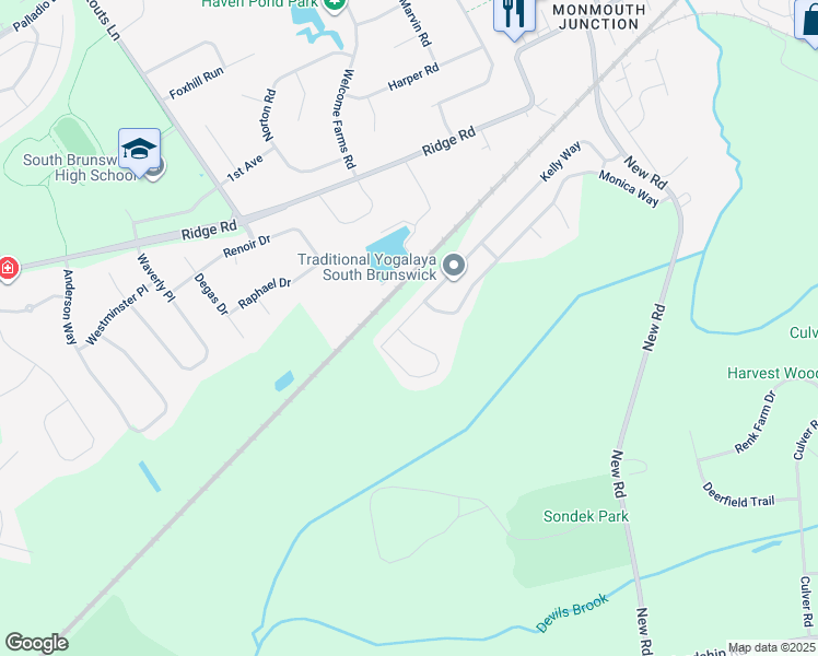 map of restaurants, bars, coffee shops, grocery stores, and more near 74 Kelly Way in South Brunswick Township