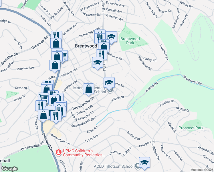 map of restaurants, bars, coffee shops, grocery stores, and more near 3826 Brownsville Road in Pittsburgh
