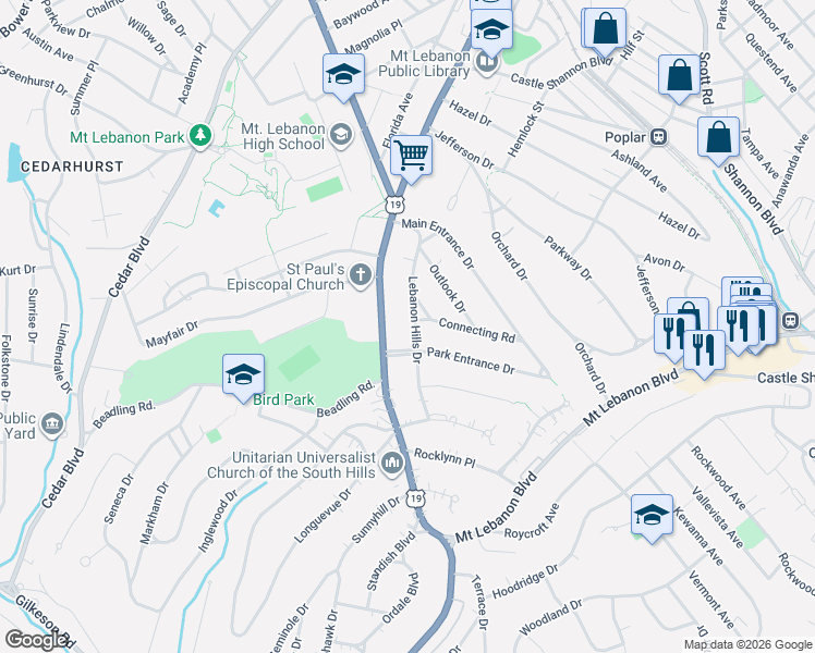 map of restaurants, bars, coffee shops, grocery stores, and more near 1105 Washington Road in Pittsburgh
