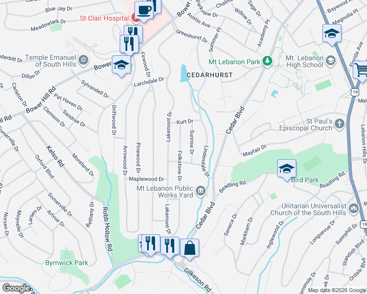 map of restaurants, bars, coffee shops, grocery stores, and more near 1139 Folkstone Drive in Pittsburgh