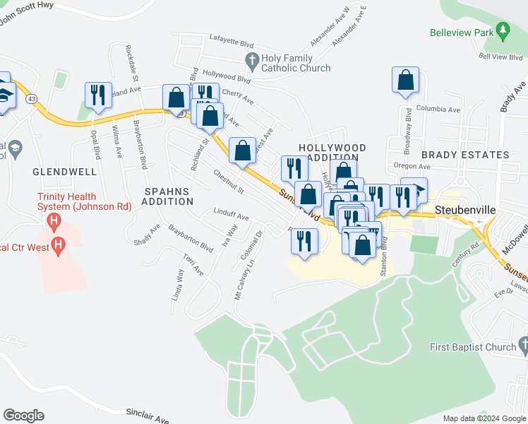 map of restaurants, bars, coffee shops, grocery stores, and more near 301 Linduff Avenue in Steubenville