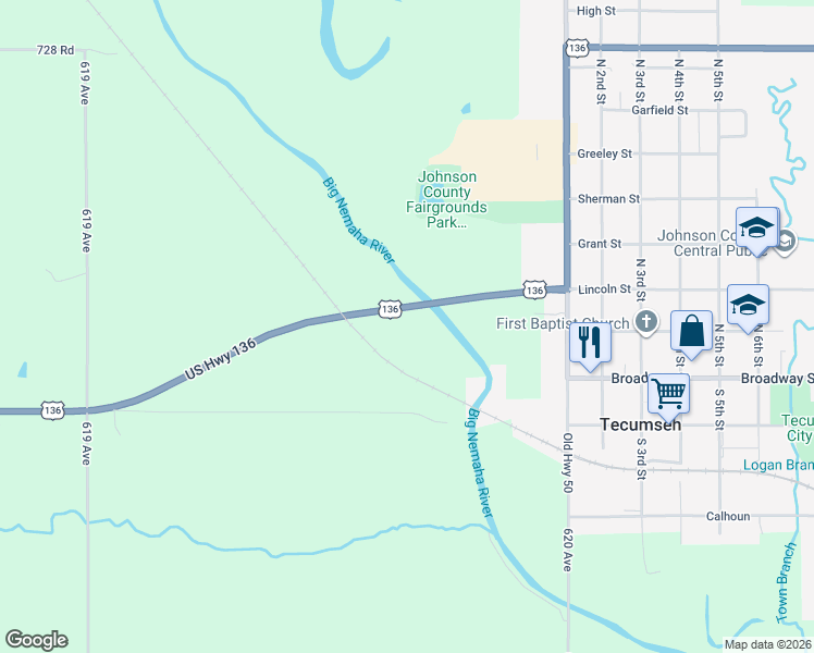 map of restaurants, bars, coffee shops, grocery stores, and more near in Tecumseh