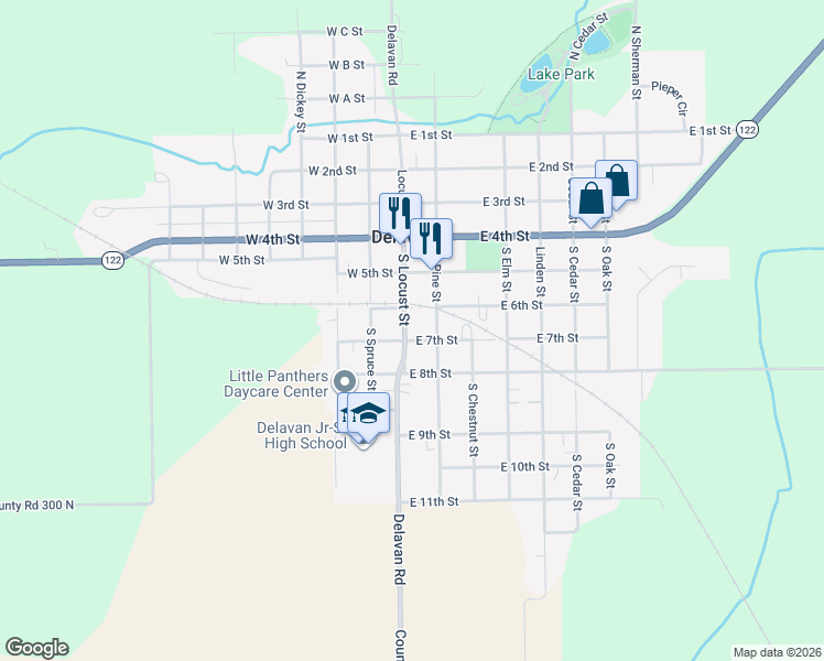 map of restaurants, bars, coffee shops, grocery stores, and more near 610 Locust Street in Delavan