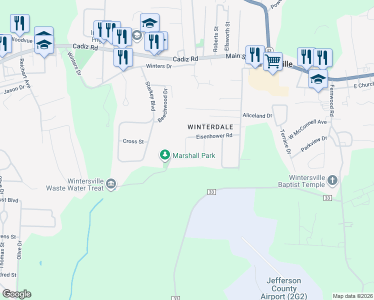 map of restaurants, bars, coffee shops, grocery stores, and more near 117 Marshall Road in Steubenville