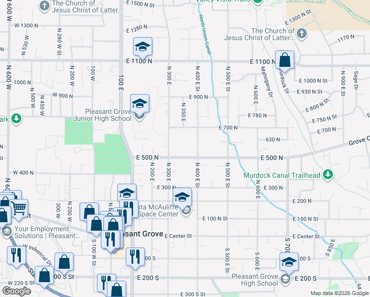 map of restaurants, bars, coffee shops, grocery stores, and more near 577 North 400 East in Pleasant Grove