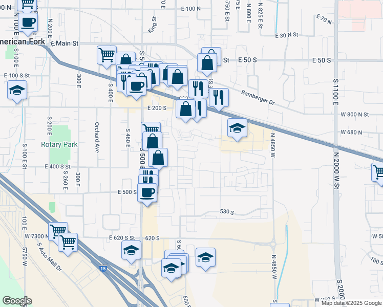 map of restaurants, bars, coffee shops, grocery stores, and more near 642 East 340 South in American Fork