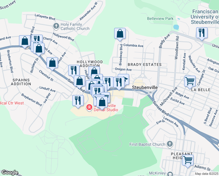 map of restaurants, bars, coffee shops, grocery stores, and more near 100-124 Stanton Blvd in Steubenville