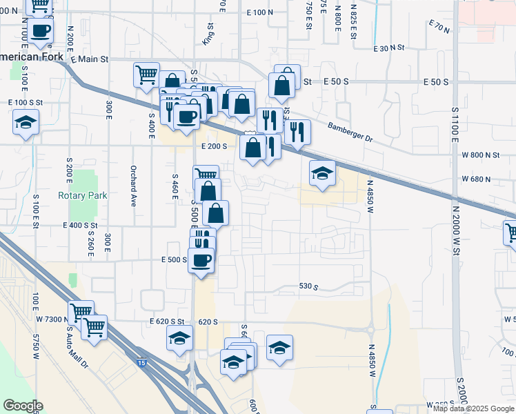 map of restaurants, bars, coffee shops, grocery stores, and more near 632 East 340 South in American Fork