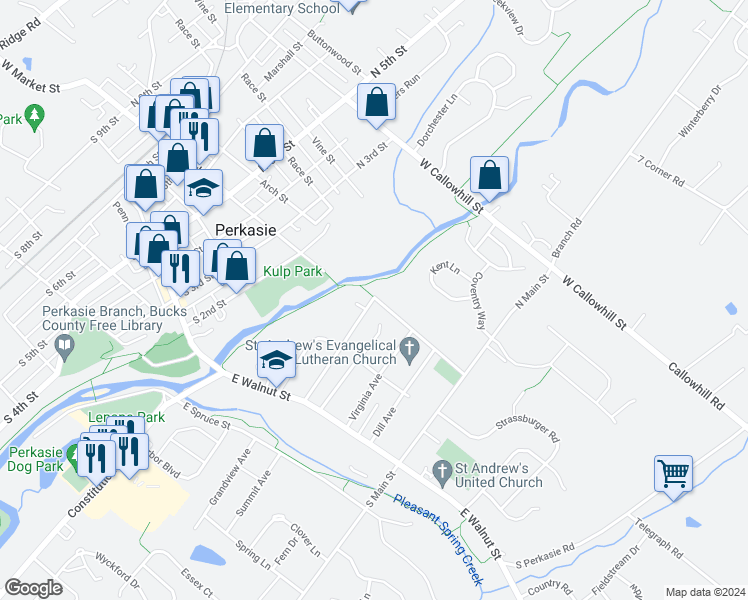 map of restaurants, bars, coffee shops, grocery stores, and more near 313 East Market Street in Perkasie