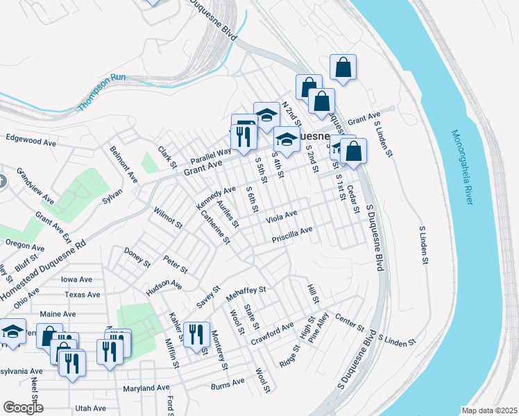 map of restaurants, bars, coffee shops, grocery stores, and more near 135 South 6th Street in Duquesne