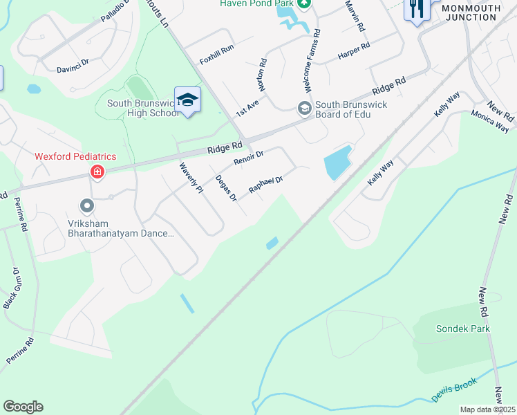 map of restaurants, bars, coffee shops, grocery stores, and more near 6 Monet Court in South Brunswick Township