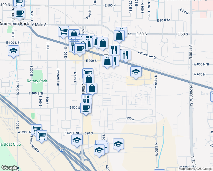 map of restaurants, bars, coffee shops, grocery stores, and more near 614 East 340 South in American Fork