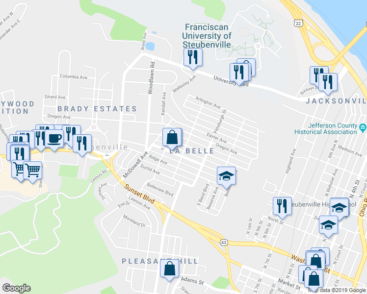 map of restaurants, bars, coffee shops, grocery stores, and more near 1400 Pennsylvania Avenue in Steubenville