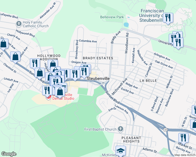 map of restaurants, bars, coffee shops, grocery stores, and more near in Steubenville