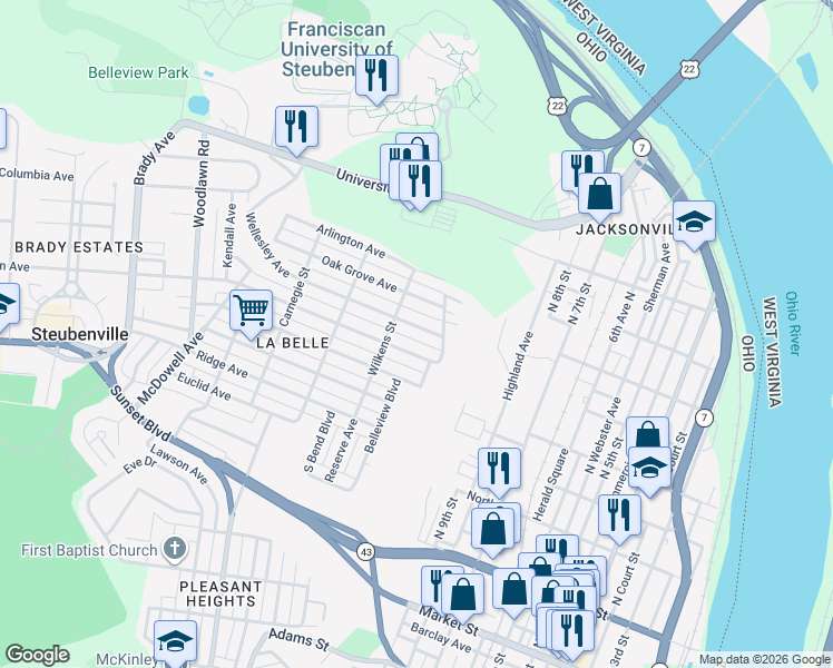 map of restaurants, bars, coffee shops, grocery stores, and more near 1118 Wellesley Avenue in Steubenville