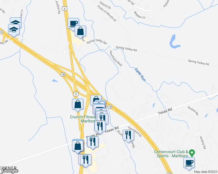 map of restaurants, bars, coffee shops, grocery stores, and more near 9213 Falston Circle in Old Bridge