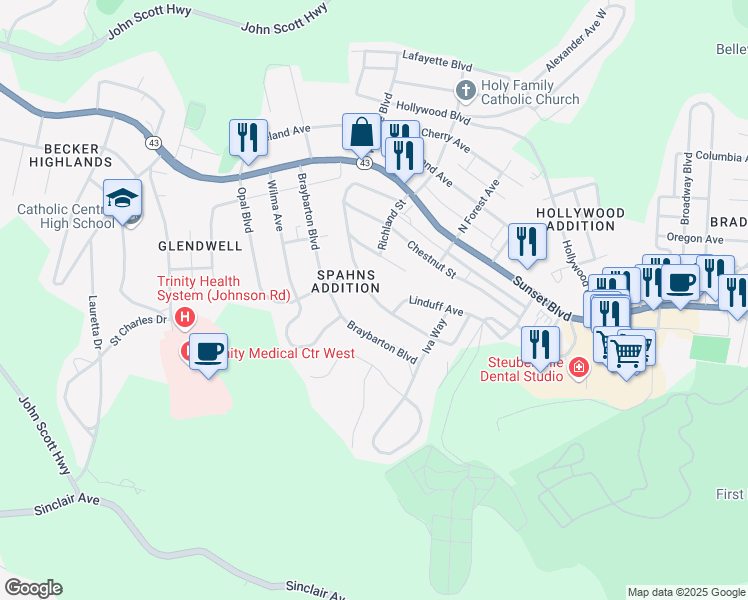 map of restaurants, bars, coffee shops, grocery stores, and more near Whitehaven Boulevard in Steubenville