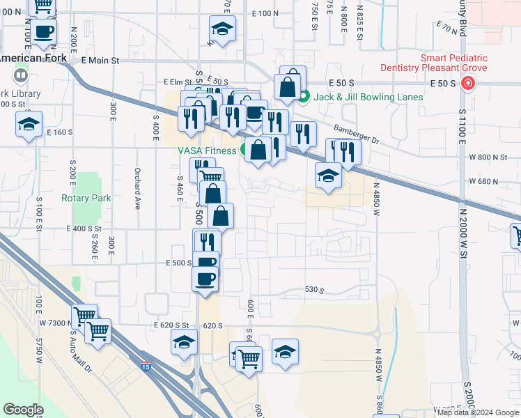 map of restaurants, bars, coffee shops, grocery stores, and more near 361 South 610 East in American Fork