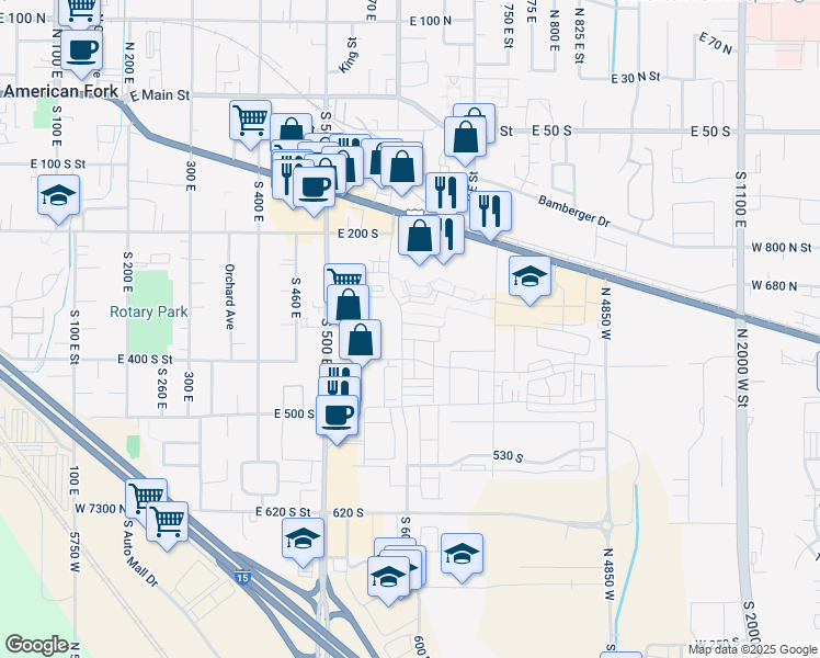 map of restaurants, bars, coffee shops, grocery stores, and more near 361 South 610 East in American Fork