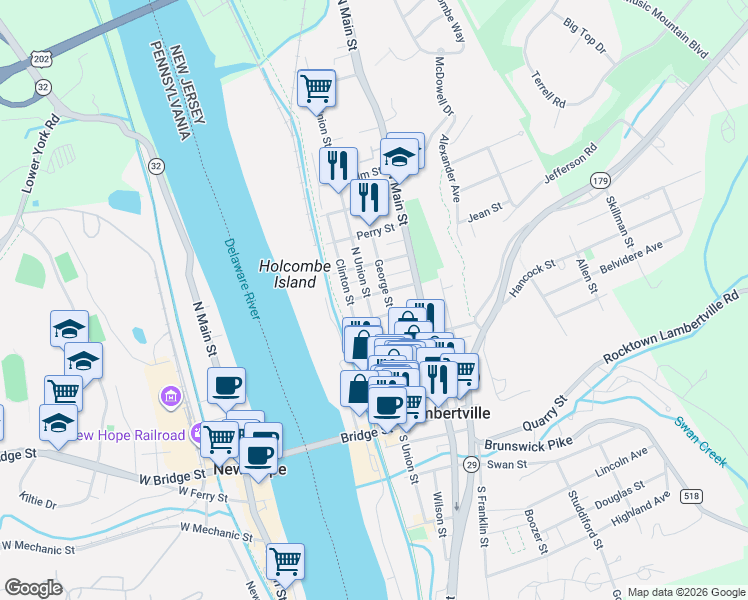 map of restaurants, bars, coffee shops, grocery stores, and more near 108 North Union Street in Lambertville