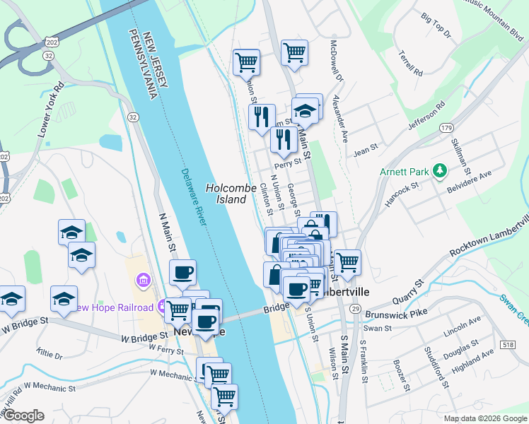 map of restaurants, bars, coffee shops, grocery stores, and more near 41 Clinton Street in Lambertville