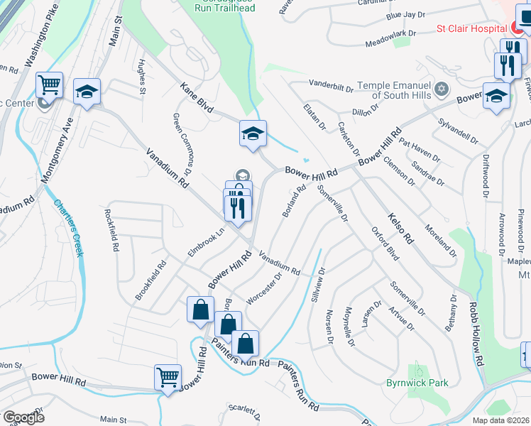 map of restaurants, bars, coffee shops, grocery stores, and more near 1767 Bower Hill Road in Pittsburgh