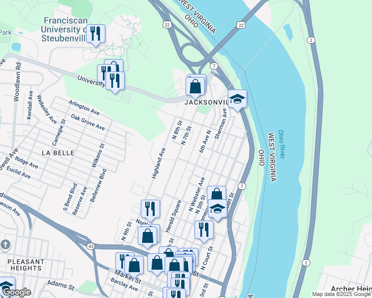 map of restaurants, bars, coffee shops, grocery stores, and more near 720 North 7th Street in Steubenville
