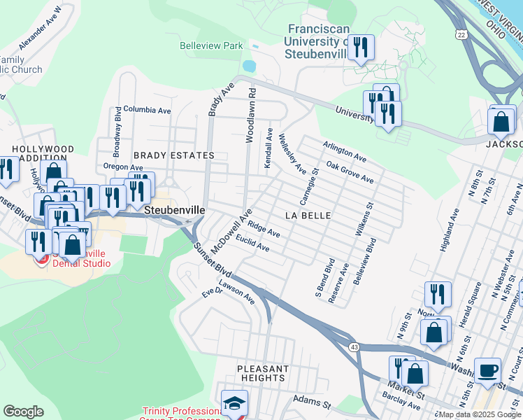 map of restaurants, bars, coffee shops, grocery stores, and more near 1440 Maryland Avenue in Steubenville