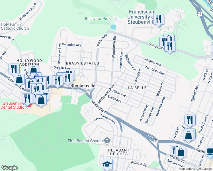map of restaurants, bars, coffee shops, grocery stores, and more near 1616 Ridge Avenue in Steubenville
