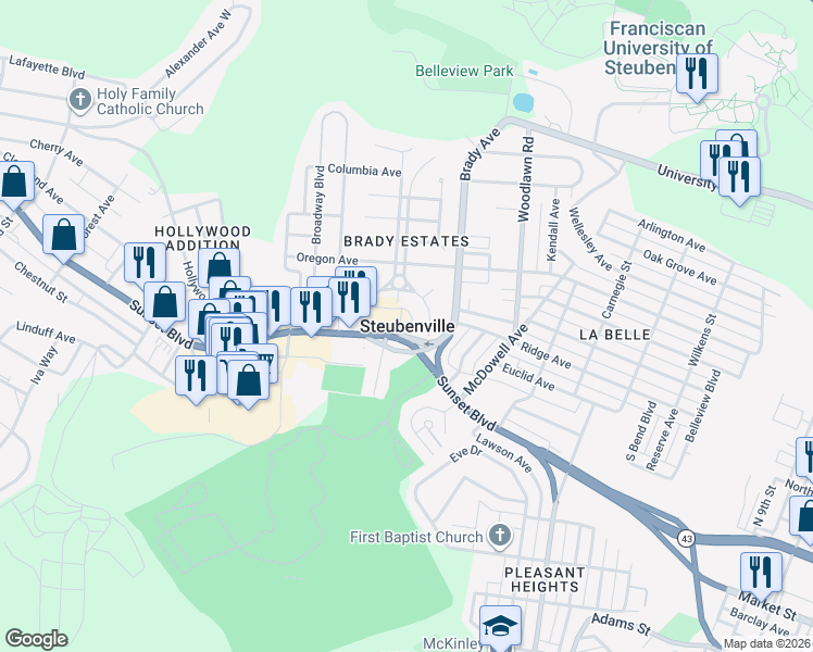 map of restaurants, bars, coffee shops, grocery stores, and more near in Steubenville