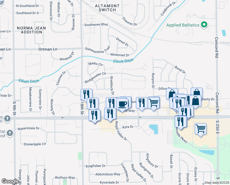 map of restaurants, bars, coffee shops, grocery stores, and more near 2020 Cliburn Road in Lafayette