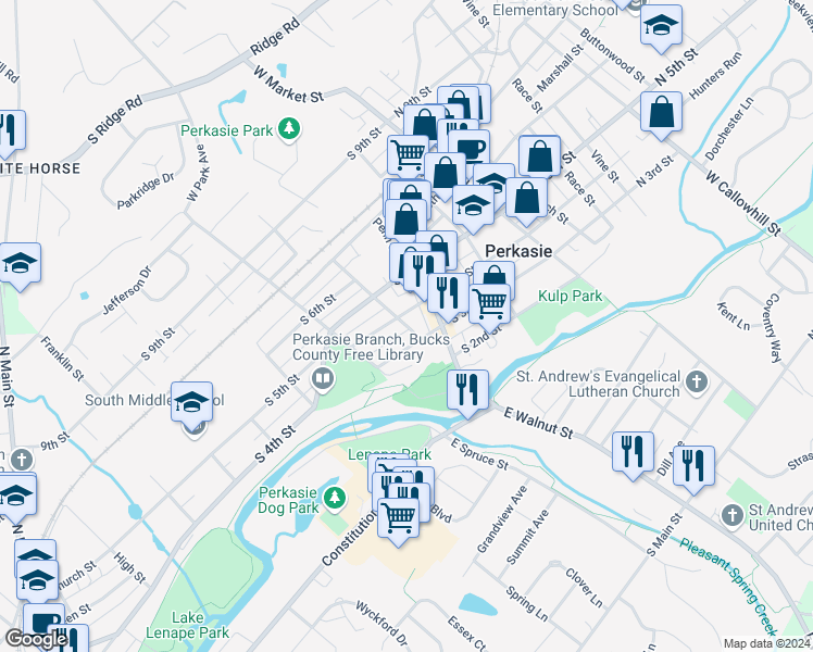 map of restaurants, bars, coffee shops, grocery stores, and more near 313 West Spruce Street in Perkasie