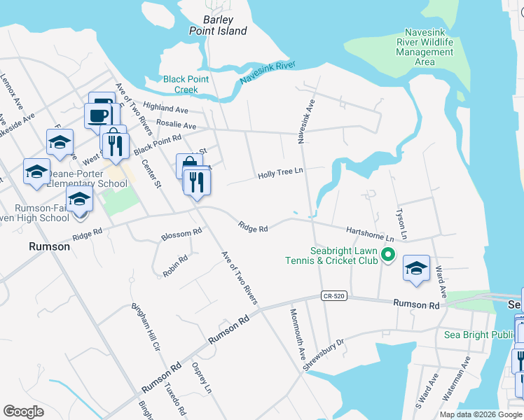 map of restaurants, bars, coffee shops, grocery stores, and more near 10 Ridge Road in Rumson