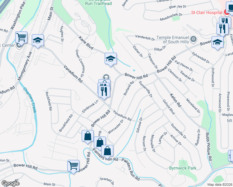 map of restaurants, bars, coffee shops, grocery stores, and more near 1767 Bower Hill Road in Pittsburgh