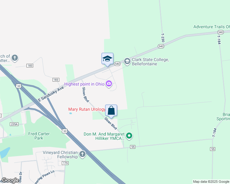 map of restaurants, bars, coffee shops, grocery stores, and more near 2280 Ohio 540 in Bellefontaine