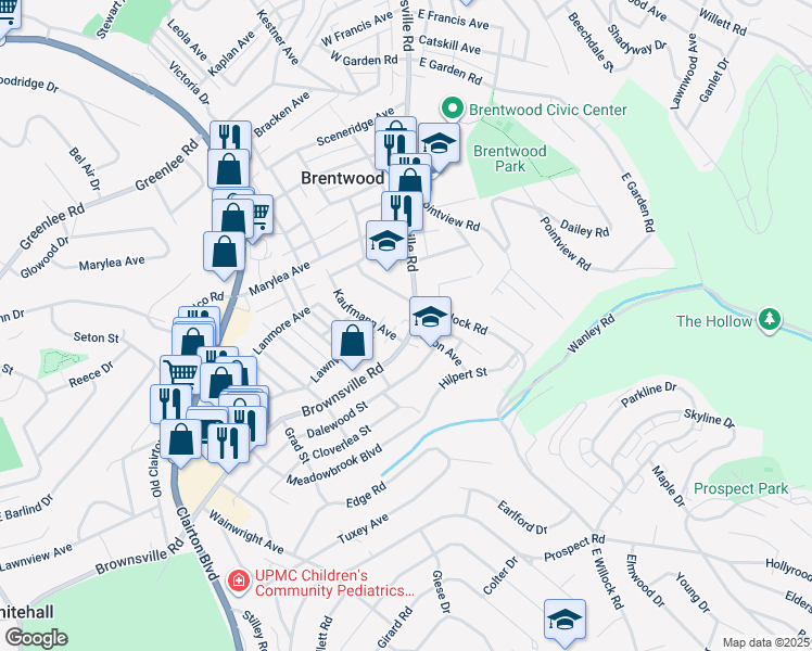 map of restaurants, bars, coffee shops, grocery stores, and more near 3820 Brownsville Road in Pittsburgh