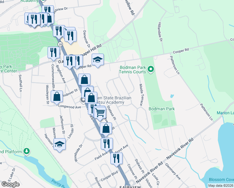 map of restaurants, bars, coffee shops, grocery stores, and more near 52 David Terrace in Red Bank