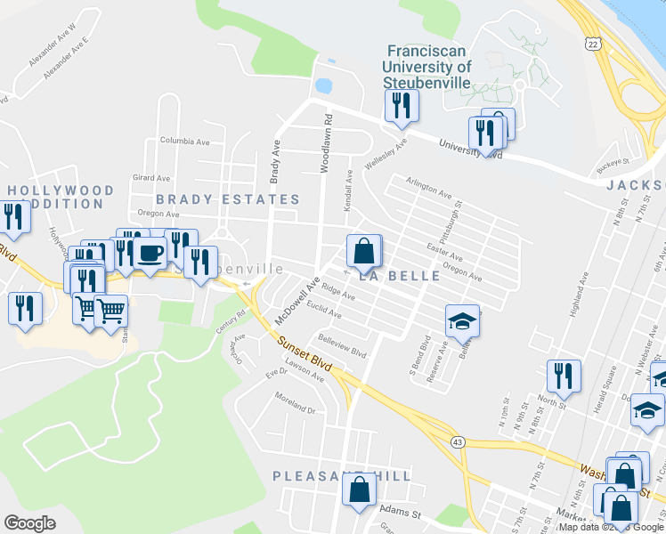 map of restaurants, bars, coffee shops, grocery stores, and more near 1522 Maryland Avenue in Steubenville