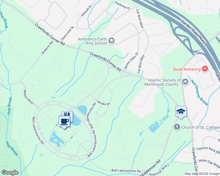 map of restaurants, bars, coffee shops, grocery stores, and more near 45 Jansky Drive in Holmdel