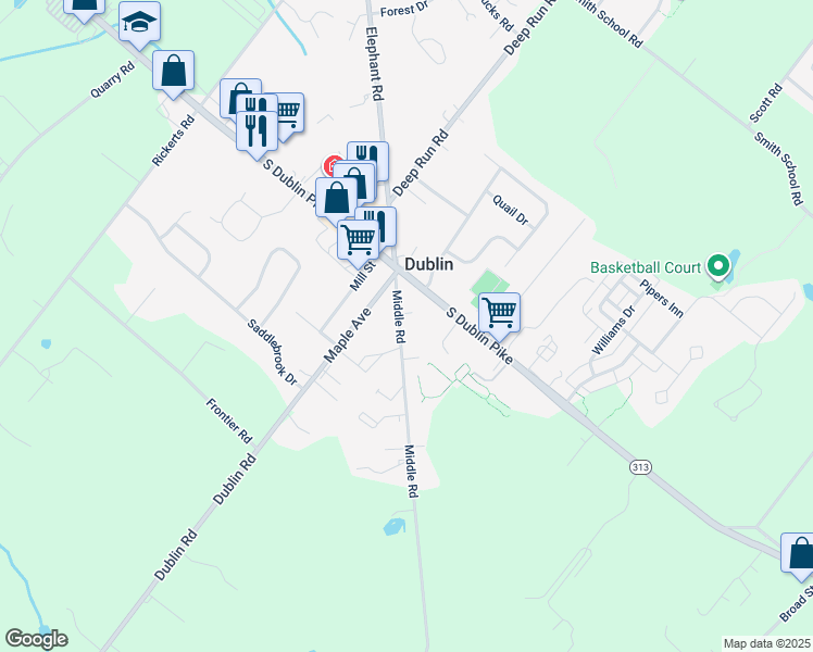 map of restaurants, bars, coffee shops, grocery stores, and more near 121 Middle Road in Dublin