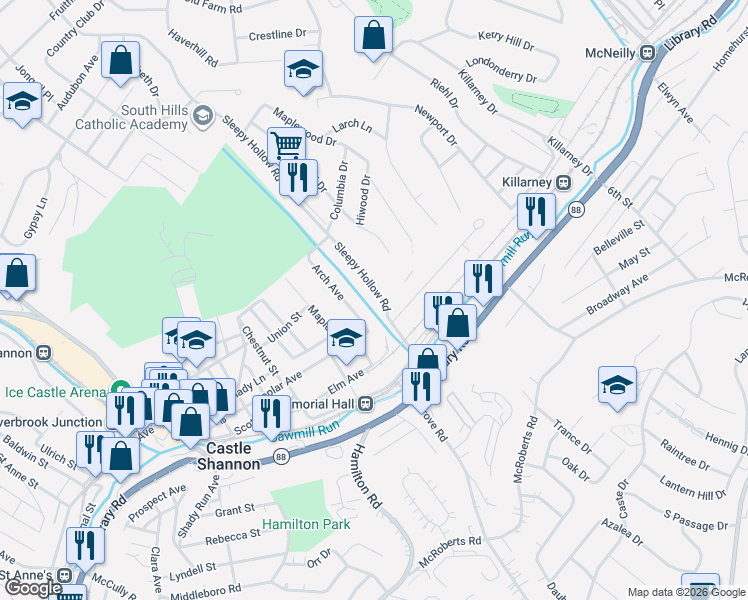 map of restaurants, bars, coffee shops, grocery stores, and more near 961 Sleepy Hollow Road in Pittsburgh
